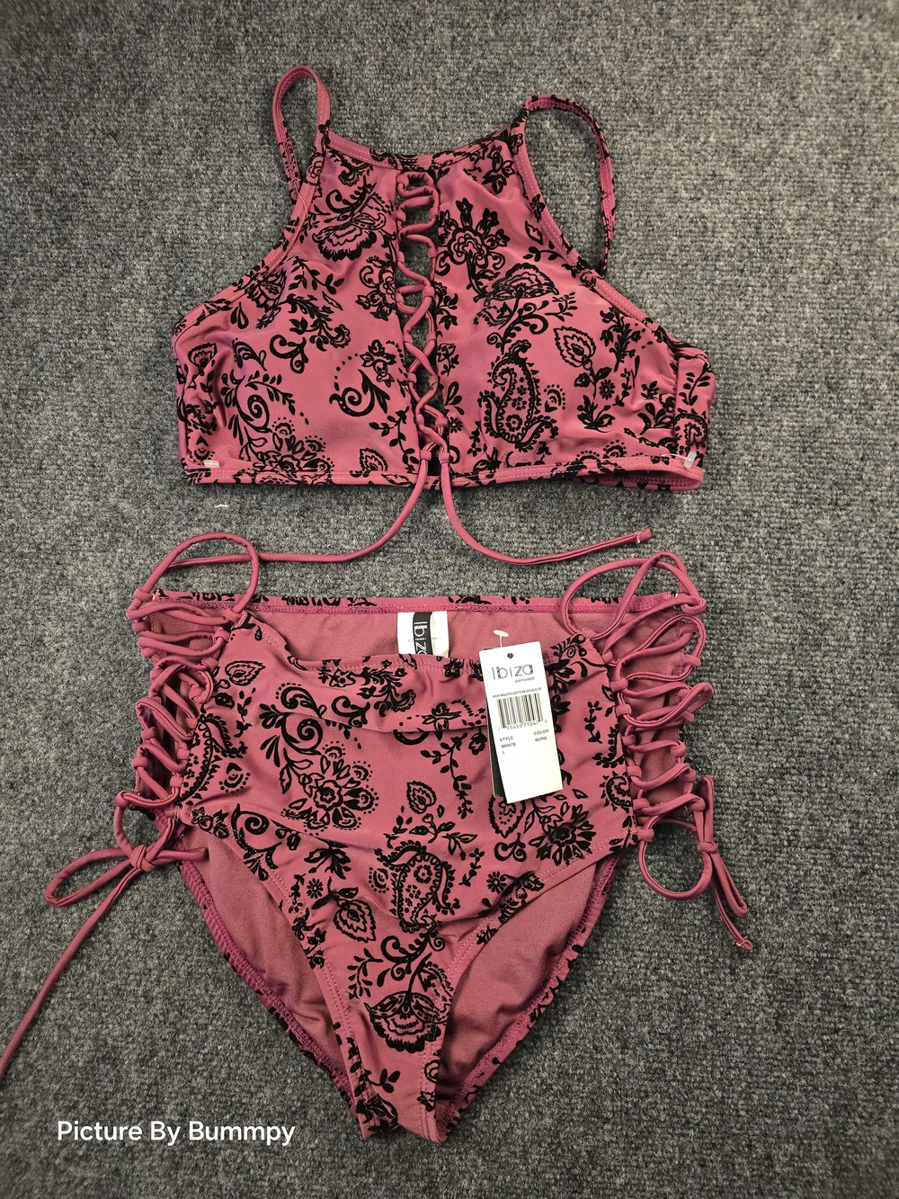 NWT Ibiza Burgandy/pinkis/ & black paisley print bikini featuring high-neck top